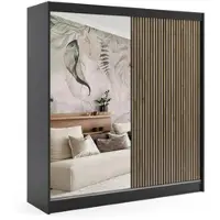 ALTDECOR Kleiderschrank mit Spiegel und Lamel-Schiebetüren, kugelgelagerte Führungsschienen und Aluminium-Leisten - VILO - 200 cm - Schwarz/Lamelle Eiche Wotan