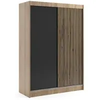 ALTDECOR Kleiderschrank mit Lamel-Schiebetüren, kugelgelagerte Führungsschienen und Aluminium-Leisten, LED-Beleuchtung und Fernbedienung - VILO - 150 cm - Sonoma Eiche/Lamelle Eiche Wotan