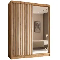 ALTDECOR Kleiderschrank mit Spiegel und Schiebetüren, kugelgelagerte Führungsschienen und Aluminium-Leisten - LAMELO - 160 cm - Artisan/Artisan/Weiß