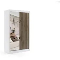 ALTDECOR Kleiderschrank mit Spiegel und Lamel-Schiebetüren, kugelgelagerte Führungsschienen und Aluminium-Leisten - VILO - 120 cm - Weiß/Lamelle Eiche Wotan