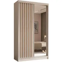 ALTDECOR Kleiderschrank mit Spiegel und Schiebetüren, kugelgelagerte Führungsschienen und Aluminium-Leisten - LAMELO - 120 cm - Weiß/Weiß/Artisan