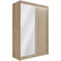 ALTDECOR Kleiderschrank mit Spiegel und Schiebetüren, kugelgelagerte Führungsschienen und Aluminium-Leisten, LED-Beleuchtung (weiß + 16 Farben) und Fernbedienung - PAOKI - 150 cm Sonoma