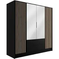 ALTDECOR Kleiderschrank mit Spiegel und selbstschließenden, Lamellentüren, Lamellen, Flügeltüren - NELIA - 200 cm Schwarz / Artisan