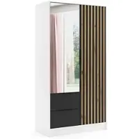 ALTDECOR Kleiderschrank NERA mit Spiegel und selbstschließenden Flügeltüren mit Lamel - 100 cm Weiß / Schwarz / Artisan