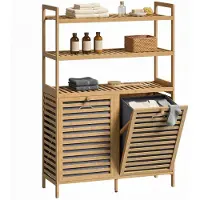 HOMCOM Hamper Cabinet Bambus Vliesstoff 80L x 30B x 118H cm Eiche