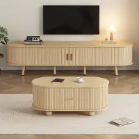 Sweiko Wohnzimmer-TV-Schrank mit Stauraum + Couchtisch-Kombination, ovale Kombination in Originalholzfarbe, MDF