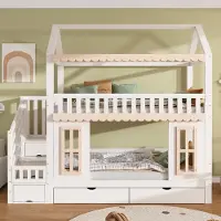 OKWISH Kinderbett 90×200 mit einer Matratze und Stauraumschrank, Etagenbett mit Schubladen und Dekorative Holzfenster, Doppelbett in Weiß
