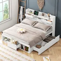 OEM Zweisitziges Bett, 140x200cm, mit USB-Anschluss & Ladefunktion & Aufbewahrungsbox, Kinderbett, Jugendbett, multifunktionelles Bett, großes Aufbewahrungsgefach, ohne Matratze, weiß