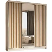 ALTDECOR Kleiderschrank mit Spiegel und Schiebetüren, kugelgelagerte Führungsschienen und Aluminium-Leisten, LED-Beleuchtung (weiß + 16 Farben) und Fernbedienung - LAMELO - 180 cm - Weiß/Weiß/Artisan