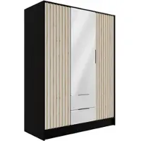 ALTDECOR Kleiderschrank mit Spiegel und selbstschließenden, Lamellentüren, Lamellen, Flügeltüren - NELIA - 150 cm Schwarz / Weiß / Artisan