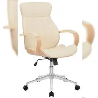 Décoshop26 - Bürostuhl mit Rollen cremefarbenem Kunststoffmaterial und hellem Holz höhenverstellbar BUR10465