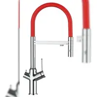 VIZIO 3 Wege Wasserhahn Küchenarmatur BOD mit 360° Schwenkbarem Auslauf Abnehmbare 2 Strahl Handbrause Verchromt Rot
