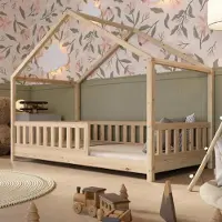 Crazy Pine Hausbett 120x200 cm – Kinderbett aus Naturholz – Bodenbett mit Höhenverstellbaren Beinen und Abnehmbarer Barriere - Crazy House