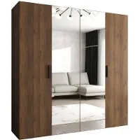 MEBLE KRYSPOL Schrank 200x202x52 cm mit Kleiderstange & Spiegel, 4xTür, BARI, Warmia-Nuss, Griff Schwarz
