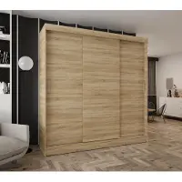 Caspian24 3-türiger Schwebetürenschrank 250x205x58 cm Eiche Sonoma mit 2 Schubladen – Moderner Kleiderschrank für Schlafzimmer und Flur