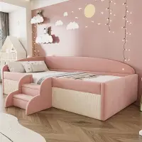 MODFU Kinderbett ohne Matratze 90×190 Multifunktionsbett Jugendbett mit Stufen und Zäunen,Bettgestell aus Samtstoff,Rosa und Cremeweiß