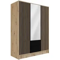 ALTDECOR Kleiderschrank mit Spiegel und selbstschließenden, Lamellentüren, Lamellen, Flügeltüren - NELIA - 150 cm Artisan / Schwarz / Artisan