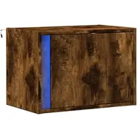 Décoshop26 - Wandmontierter Nachttisch mit LED-Beleuchtung Fach mit Tür 50 x 31 x 35 cm braunes Holzwerkstoff DEC034176