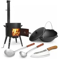 4BIG.fun Premium Utschak Ø40 cm Set mit 12L Gusseisen Kazan inkl. Gusseisendeckel Outdoor Feldküche aus 2mm Stahl mit Rauchrohr für Plov Grill Camping Schöpflöffel Schaumkelle Hackmesser