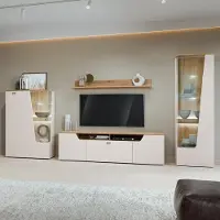 Lomadox Wohnwand in Kaschmir & Eiche mit Highboard, Wandboard, Lowboard & Vitrine, 4-teilig - CARMONA-129