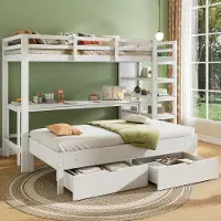 OEM Zweibettchen, massivholz, weiß, 90x200, Kinderstapelbett, Tisch, Lader, Schubladen