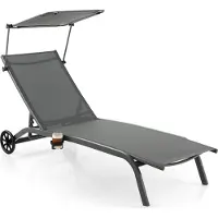 Goplus Sonnenliege mit Dach, Gartenliege Liegestuhl mit Rollen & Getränkehalter, Rücklehne 6 stufig verstellbar, bis zu 150kg , 165x61x96cm (Grau)