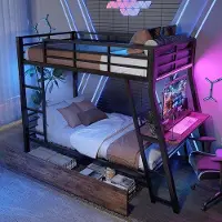 OEM Bett für Kinder und Jugendliche - Metall, 90x200 cm, Schwarz - Schubladen und Treppenfunktion