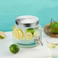 OEM Kühler Glaswasserkocher mit Düsenhahn - rauer Edelstahlhahn - Fruchtsaftbehälter für Limonade Wasser Eis Sonne Kaffee - kleiner Kühlbehälter für Getränke - klare runde Flasche