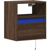 Décoshop26 - Wandmontierter Nachttisch mit LED-Beleuchtung Schublade und offenem Fach aus braunem Holzwerkstoff DEC034182