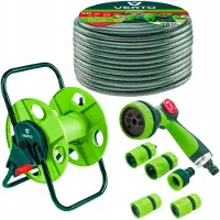 Verto Schlauchtrommel + Gartenschlauch 50m + Wasserspritze + 3 x Schlauchverbinder, Wasserstop, Hahnverbinder - Komplettes Starterset