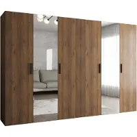 MEBLE KRYSPOL Schrank 300x202x52 cm mit Kleiderstange & Spiegel, 6xTür, BARI, Warmia-Nuss, Griff Schwarz