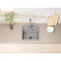 Faizee Home [Granitspüle 48x50 +Spülkorb mit Armatur] Hochwertig Eckige Granit Spülbecken f. Unterschränke ab 45 cm inkl.Siphon Set, Farbe:Grau