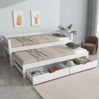 OEM Doppelbett, einfaches und doppeltes Bett, ausklappbares Bett mit Rollen, 2 MDF-Liegeflächen, massiver Holzrahmen, weiß (200x90cm/190x90cm)
