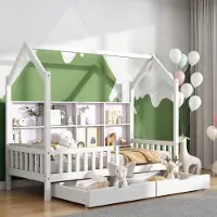 OEM Kinderbett mit multifunktionaler Bücherleiste, Schublade, Kommode, Schublade und zwei großen Schubladen mit Lagerfähigkeit und Schornsteinform 90x200 Weiss