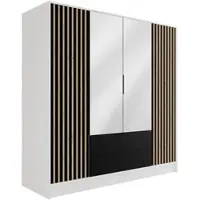 ALTDECOR Kleiderschrank mit Spiegel und selbstschließenden, Lamellentüren, Lamellen, Flügeltüren - NELIA - 150 cm Weiß / Schwarz / Artisan