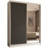 ALTDECOR Kleiderschrank mit Spiegel und Schiebetüren, kugelgelagerte Führungsschienen und Aluminium-Leisten, LED-Beleuchtung (weiß + 16 Farben) und Fernbedienung - LAMELO - 160 cm - Weiß/Grau/Grau