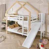 OEM Massief houten Kinderbett mit Glijbaan, 3-stufiger Winkelstapeltisch, 90x200cm, weiß+natur