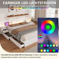 OEM Zweisitziges Bett 180x200cm, Holzbett, Jugendbett, mit USB-Schnittstelle, mit LED-Beleuchtung und Steckdosen, über App bedienbar, 2 Nachttischen, mit Schublade, ohne Matratze, Weiß