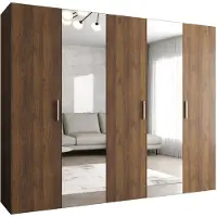 MEBLE KRYSPOL Schrank 250x202x52 cm mit Kleiderstange & Spiegel, 5xTür, BARI, Warmia-Nuss, Griff Silber