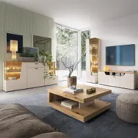 Lomadox Wohnzimmer-Set in Kaschmir & Eiche mit Couchtisch, Sideboard, Vitrine & Lowboard, 4-teilig - CARMONA-129