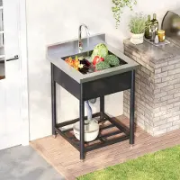 OKWISH Edelstahl-Spülbecken inklusive Ablage, Geräumiges Einzelbecken-Design, mit Wasserhahn und Abfluss,für Gartenküchen,Schwarz