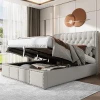 OEM Bett mit Baumwoll-Linienbezug, hydraulischer Griff, Bettladefach, Klinknagel-Verzierung, 140 x 190 cm, ohne Matratze