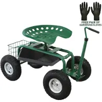 MonsterShop Fahrbarer Gartensitz mit Werkzeugfach und Korb