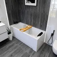 Besco Badewanne Rechteck Set 5in1 130x70 mit Premium Ablaufgarnitur und Füßen GRATIS + Verkleidung (AcrylSchürze) + Bambus Holzablage | BADLAND MODERN