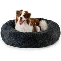 Lionto Donut Hundebett, rundes Hundesofa mit Plüschbezug & Anti-Rutsch-Noppen, weich & gemütlich, 100 cm Durchmesser, dunkelgrau
