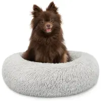Lionto Donut Hundebett, rundes Hundesofa mit Plüschbezug & Anti-Rutsch-Noppen, weich & gemütlich, 40 cm Durchmesser, hellgrau
