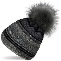 StyleBREAKER Bommelmütze in Schwarz-Dunkelgrau | Gr.: onesize
