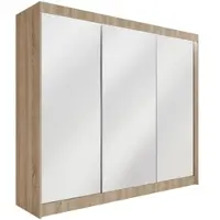 ALTDECOR Kleiderschrank mit Spiegel und Schiebetüren, kugelgelagerte Führungsschienen und Aluminium-Leisten, LED-Beleuchtung (weiß + 16 Farben) und Fernbedienung 250 cm Sonoma Eiche