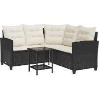 vidaXL Gartensofa in L-Form mit Tisch und Kissen Schwarz Poly Rattan