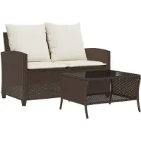 vidaXL Gartensofa 2-Sitzer mit Kissen & Tisch Braun Poly Rattan